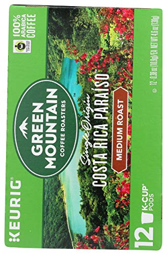 Green Mountain Costa Rica Paraiso K-Cup label highlights fair trade and origin.