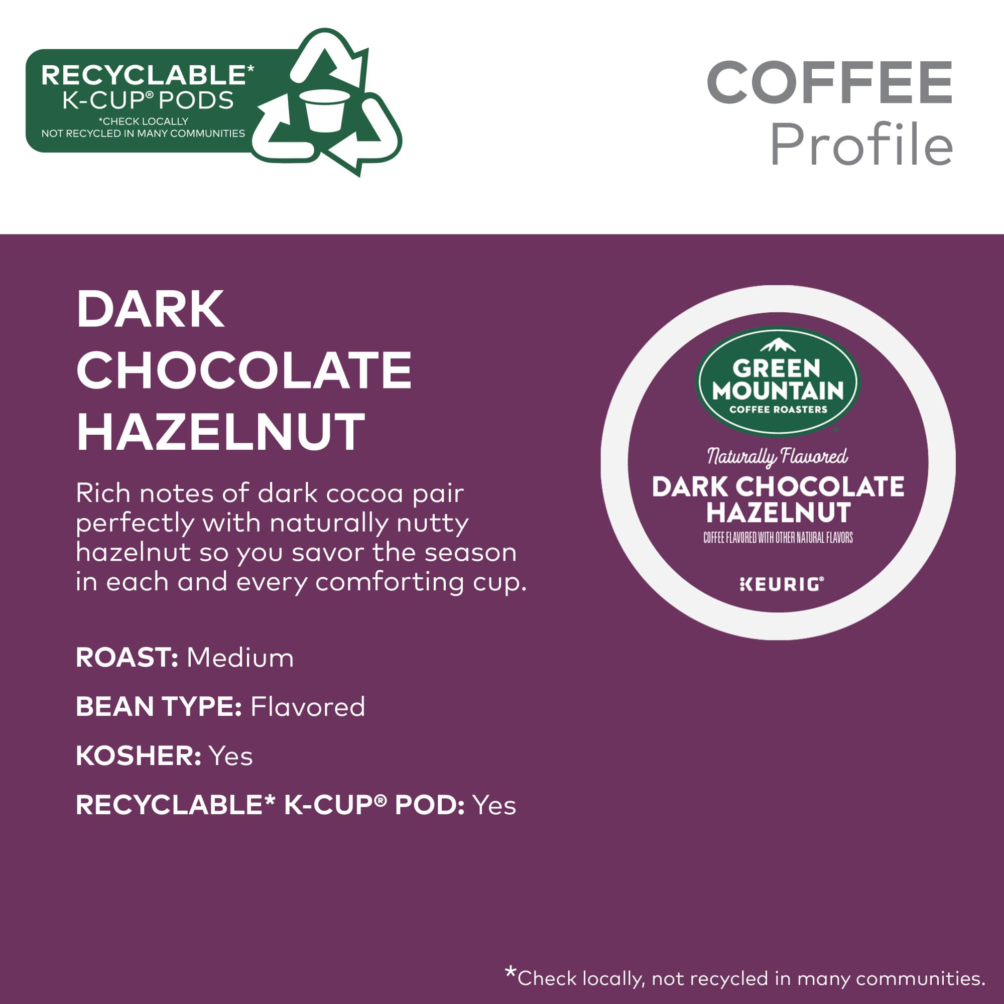 Green Mountain Dark Chocolate Hazelnut coffee bag label emphasizes natural flavors