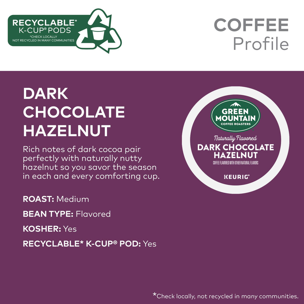 Green Mountain Dark Chocolate Hazelnut coffee bag label emphasizes natural flavors