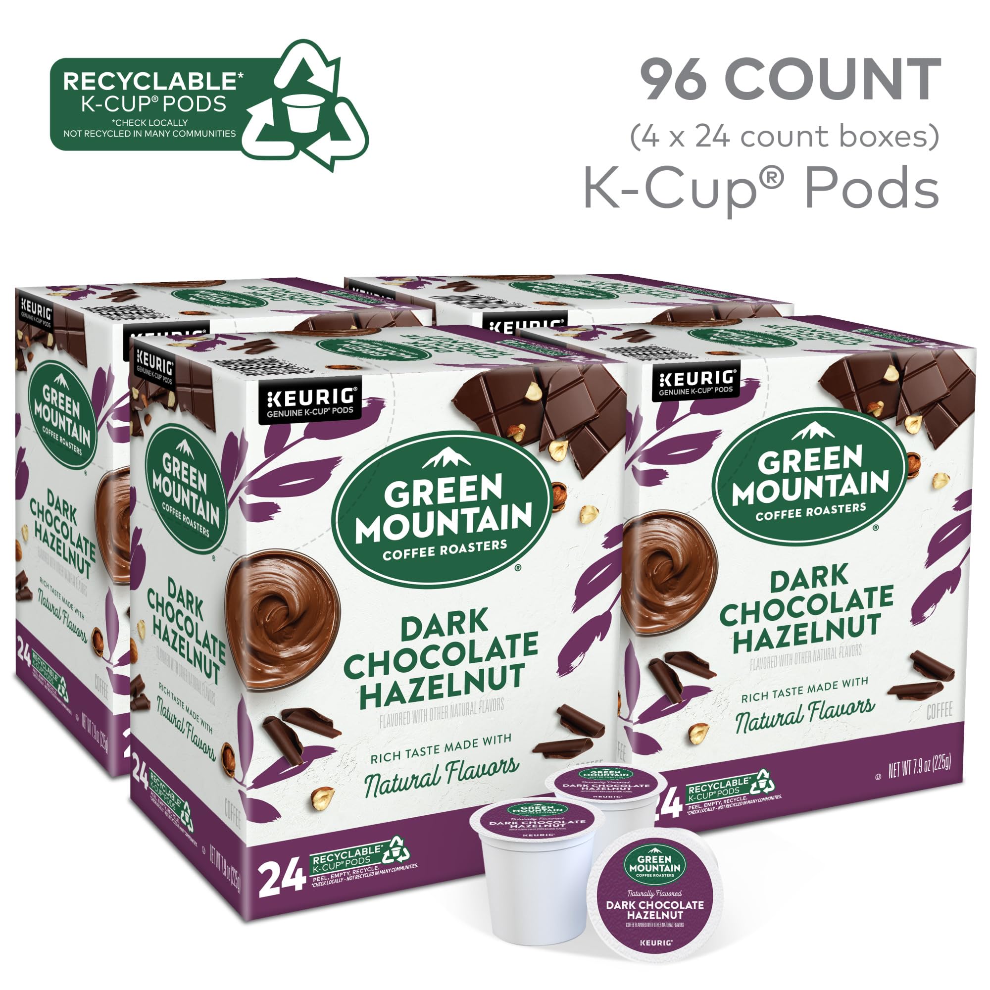 Close-up of Green Mountain Dark Chocolate Hazelnut K-Cups highlighting premium pods