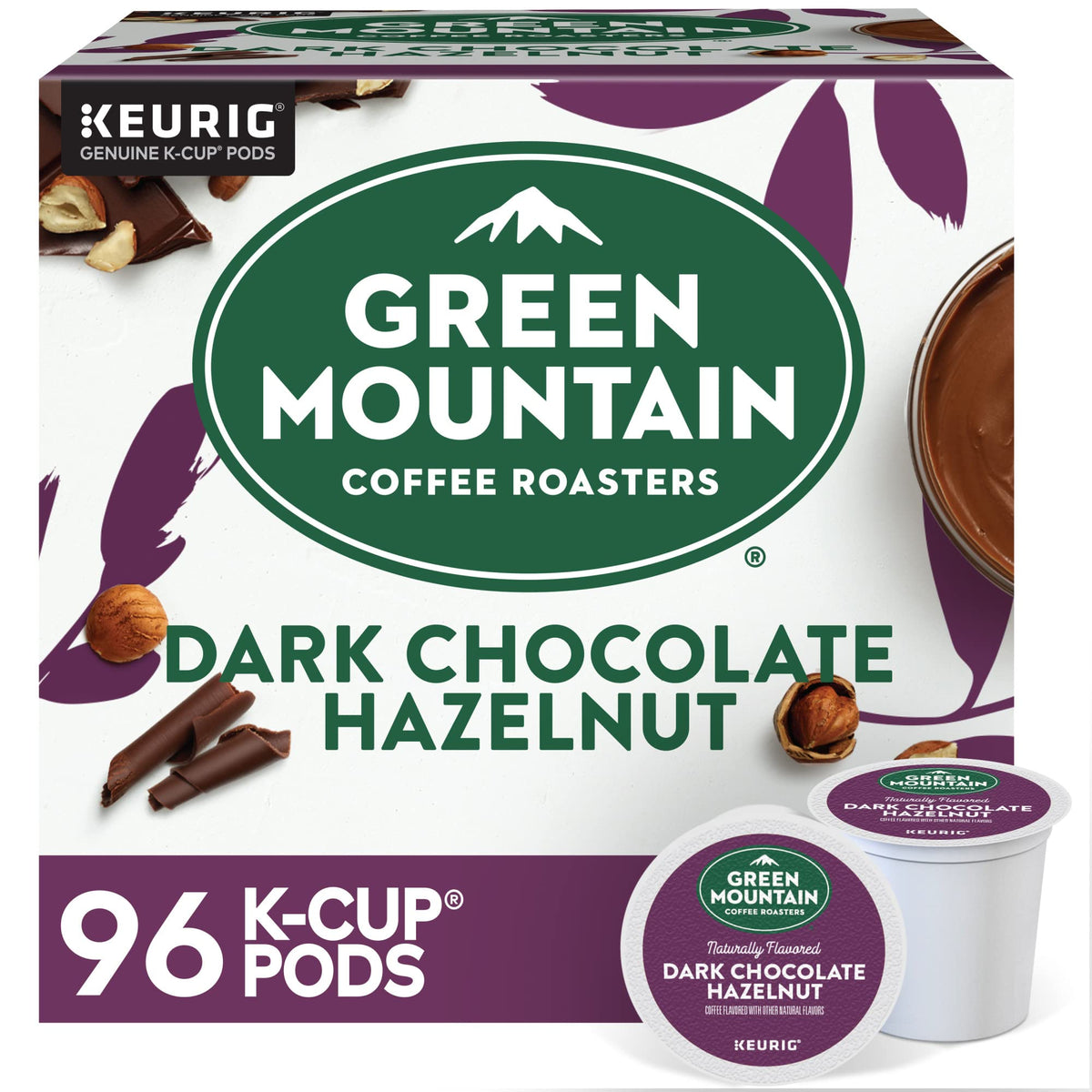 Green Mountain Dark Chocolate Hazelnut K-Cups front view for easy single-serve brewing