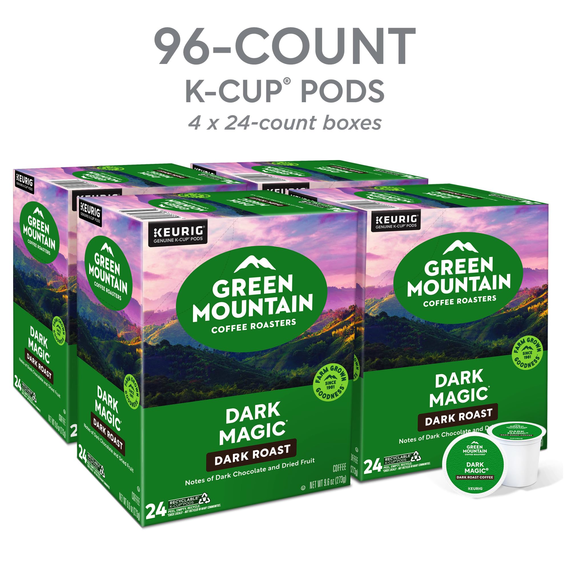 Green Mountain Dark Magic coffee beans show dried fruit and chocolate notes.