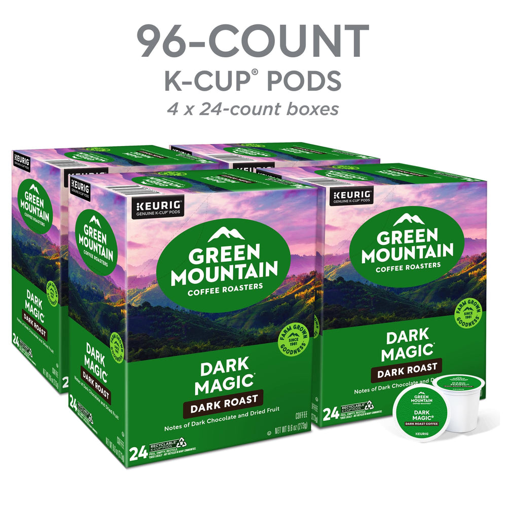 Green Mountain Dark Magic coffee beans show dried fruit and chocolate notes.