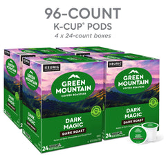 Green Mountain Dark Magic coffee beans show dried fruit and chocolate notes.