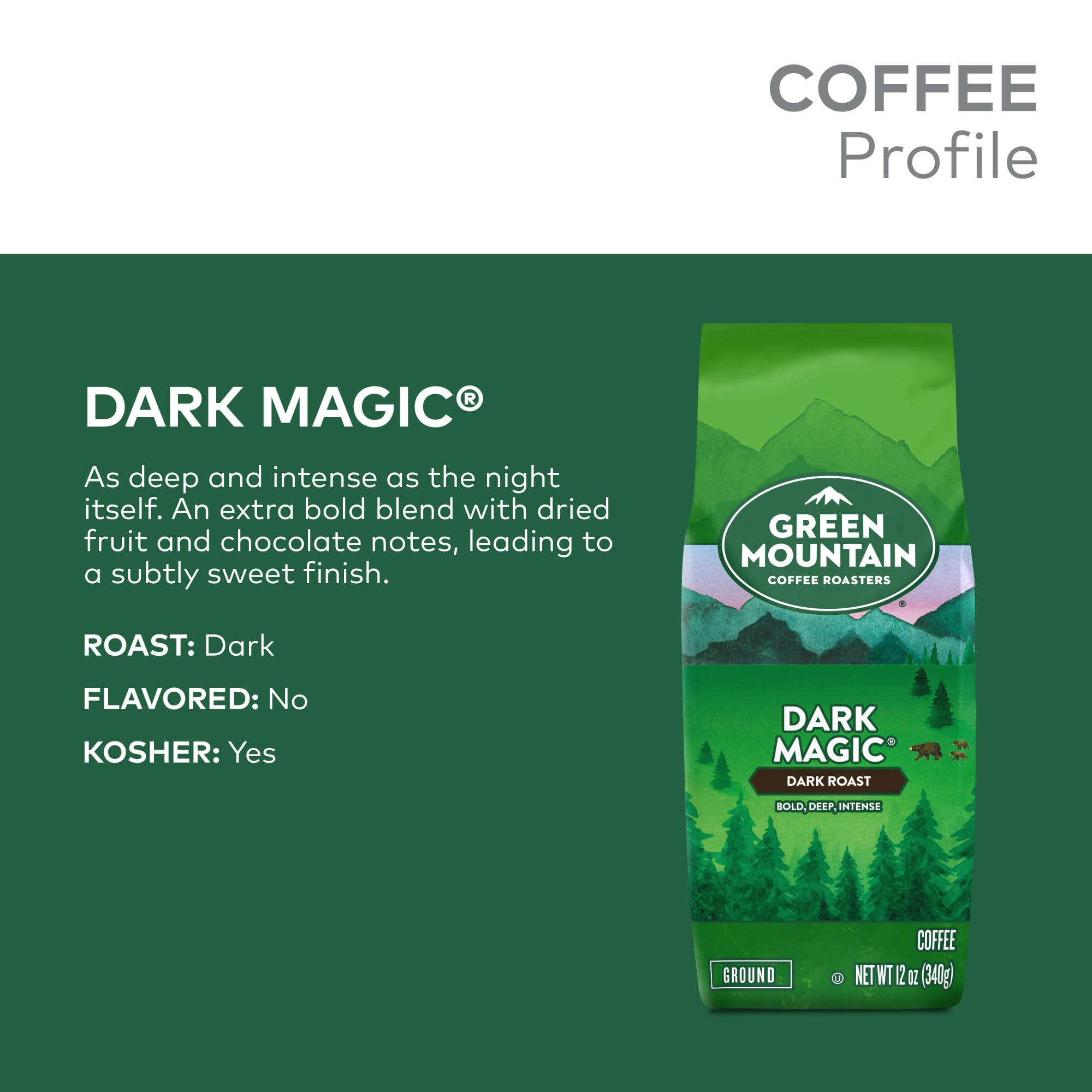 Steaming cup of Green Mountain Dark Magic coffee.