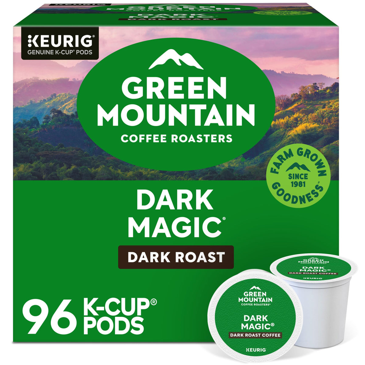 Green Mountain Dark Magic K-Cup pod close-up highlighting rich, bold aroma.