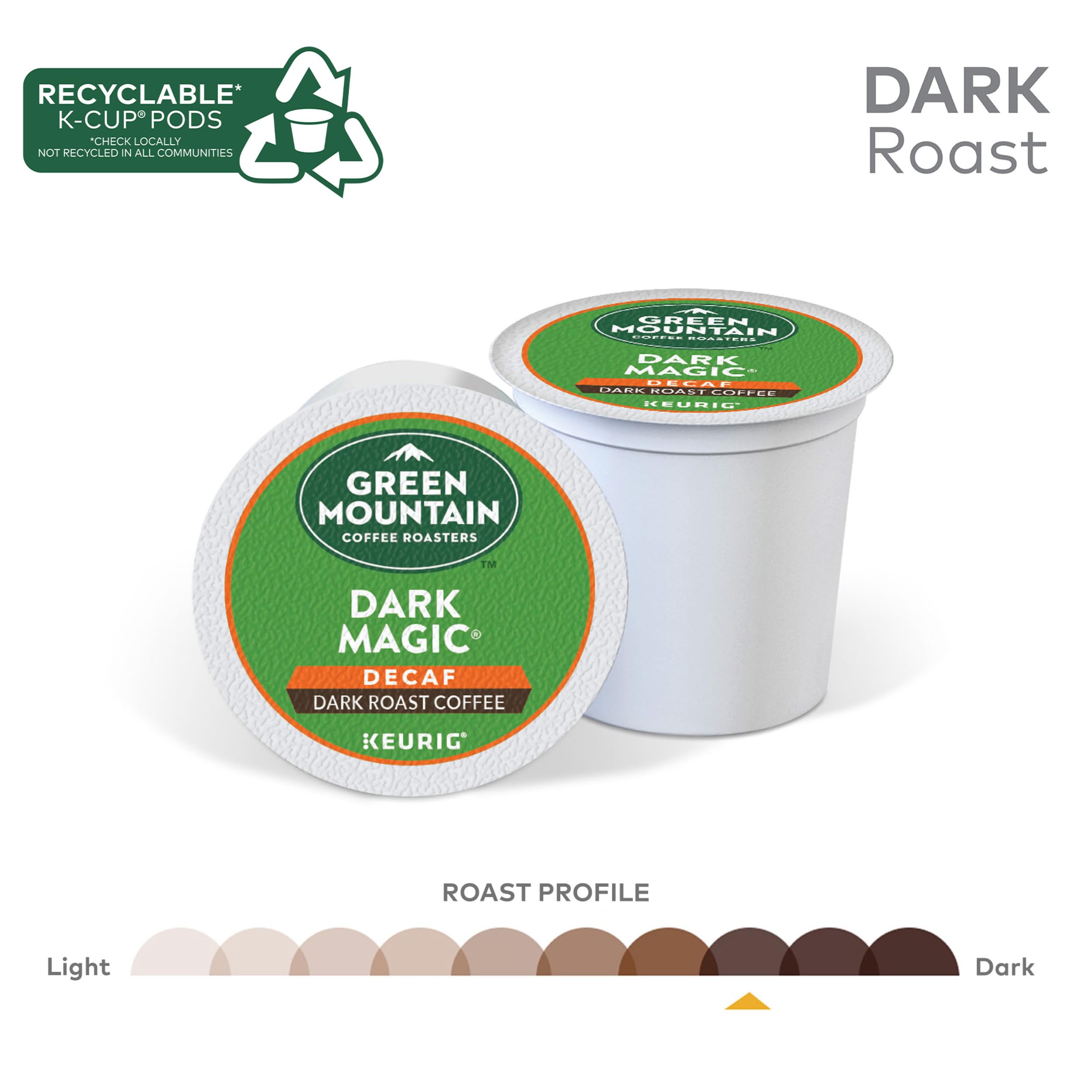 Green Mountain Dark Magic Decaf 72-count box on kitchen counter