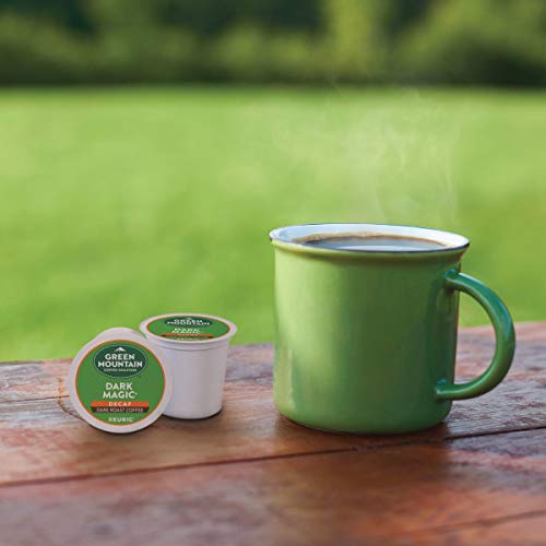 Green Mountain Dark Magic Decaf pod with steam rising