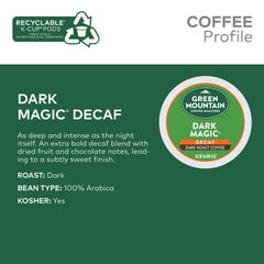 Green Mountain Dark Magic Decaf cup close-up highlights dried fruit hints