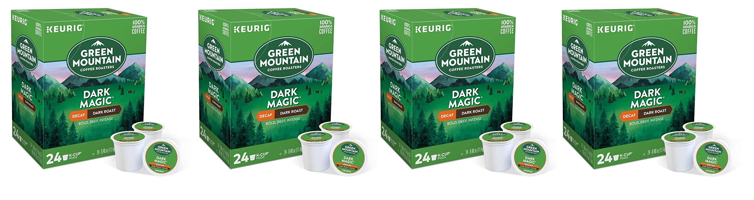 Green Mountain Dark Magic DECAF Extra Bold K-Cups, brewing action, rich flavor without caffeine for anytime enjoyment.