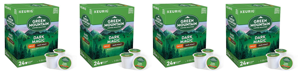 Green Mountain Dark Magic DECAF Extra Bold K-Cups, brewing action, rich flavor without caffeine for anytime enjoyment.