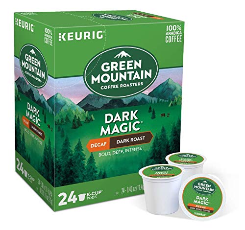 Cup-dispense scene of Green Mountain Dark Magic DECAF Extra Bold K-Cups, consistent brew strength in every cup.