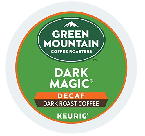 Green Mountain Dark Magic DECAF Extra Bold K-Cups, front view, convenient single-serve for Keurig mornings.