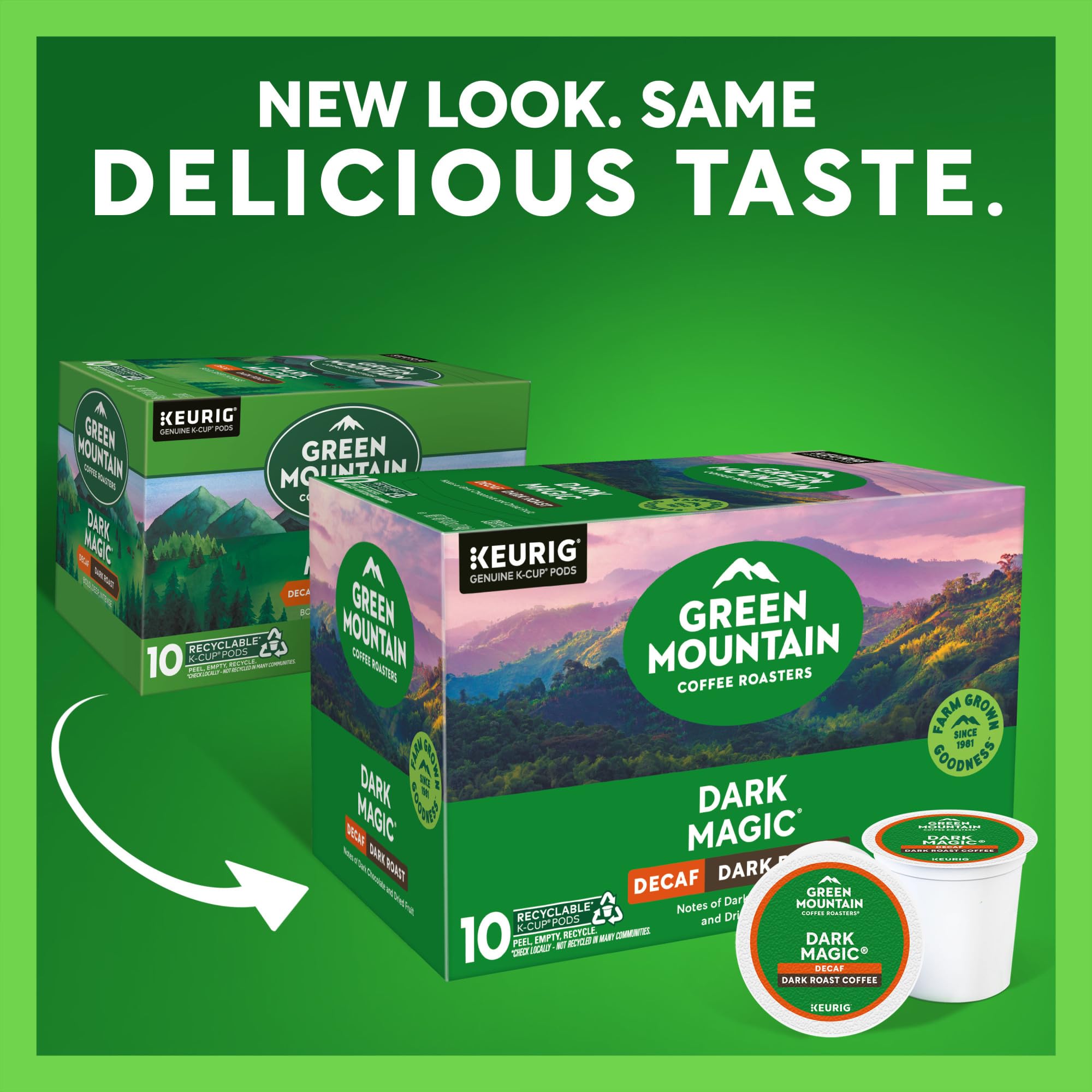 Close-up of Green Mountain Dark Magic Decaf K-Cup pod shows premium decaf grounds.