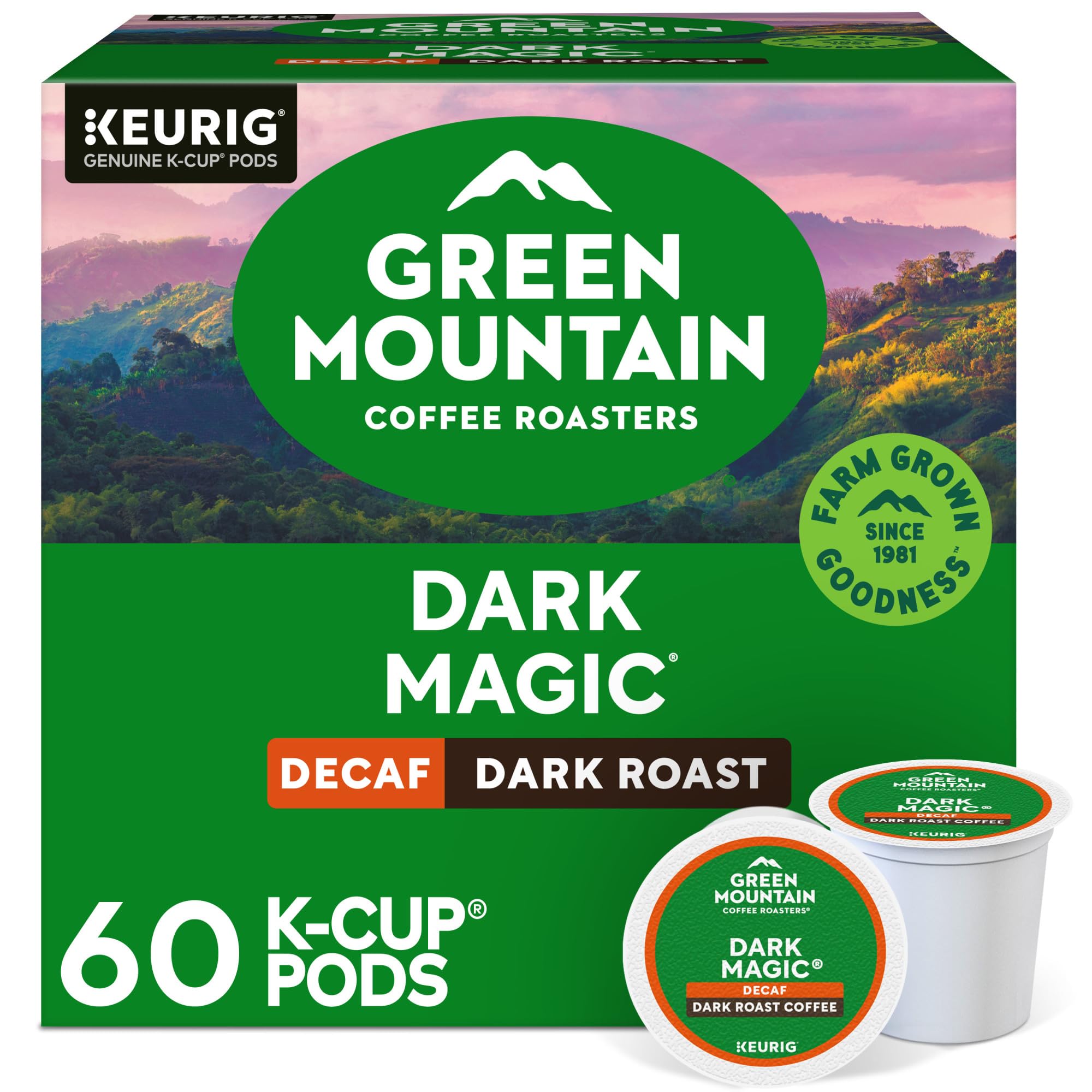 Green Mountain Dark Magic Decaf K-Cup pod pour reveals bold, rich flavor.