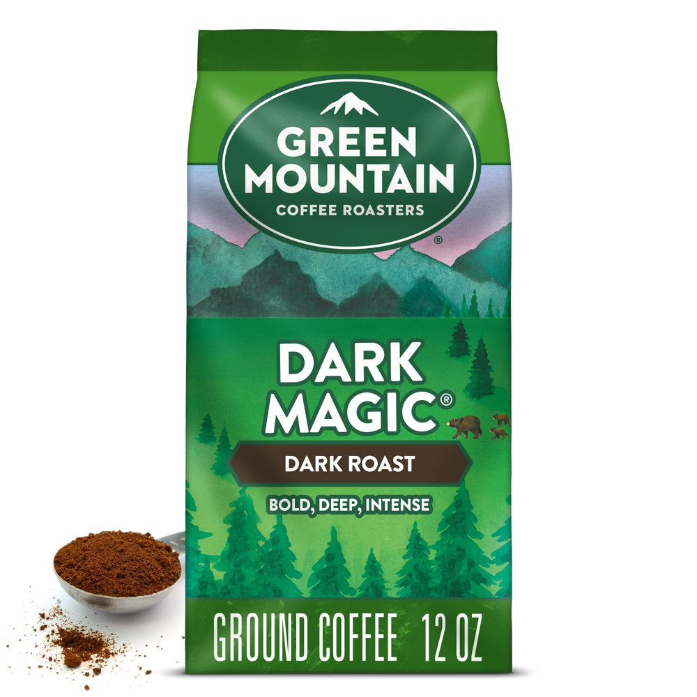 Green Mountain Dark Magic ground coffee in a 12oz bag for a bold start.