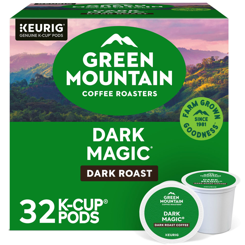 Green Mountain Dark Magic Keurig pod closeup for a bold morning ritual