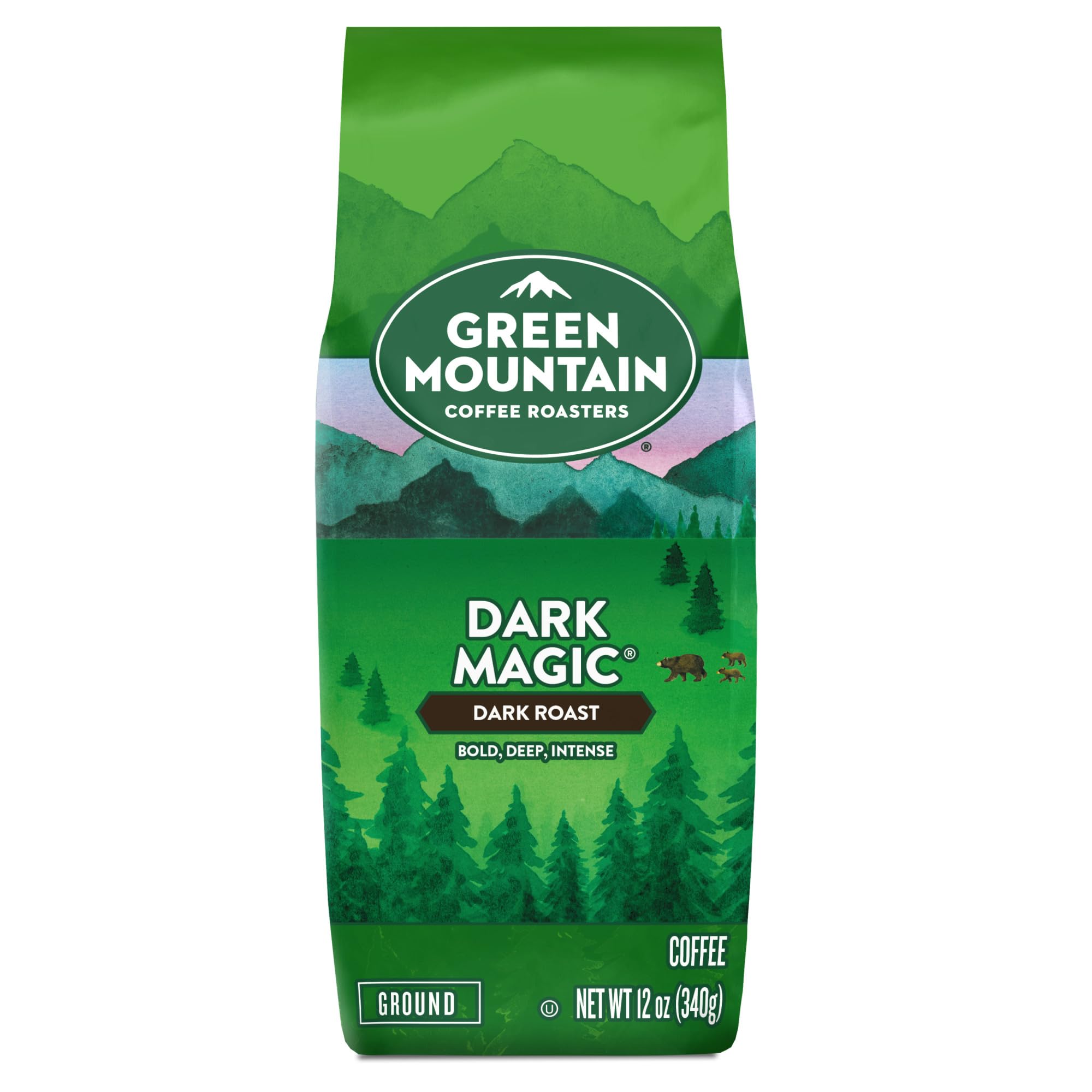 Close-up label with Green Mountain Dark Magic branding.