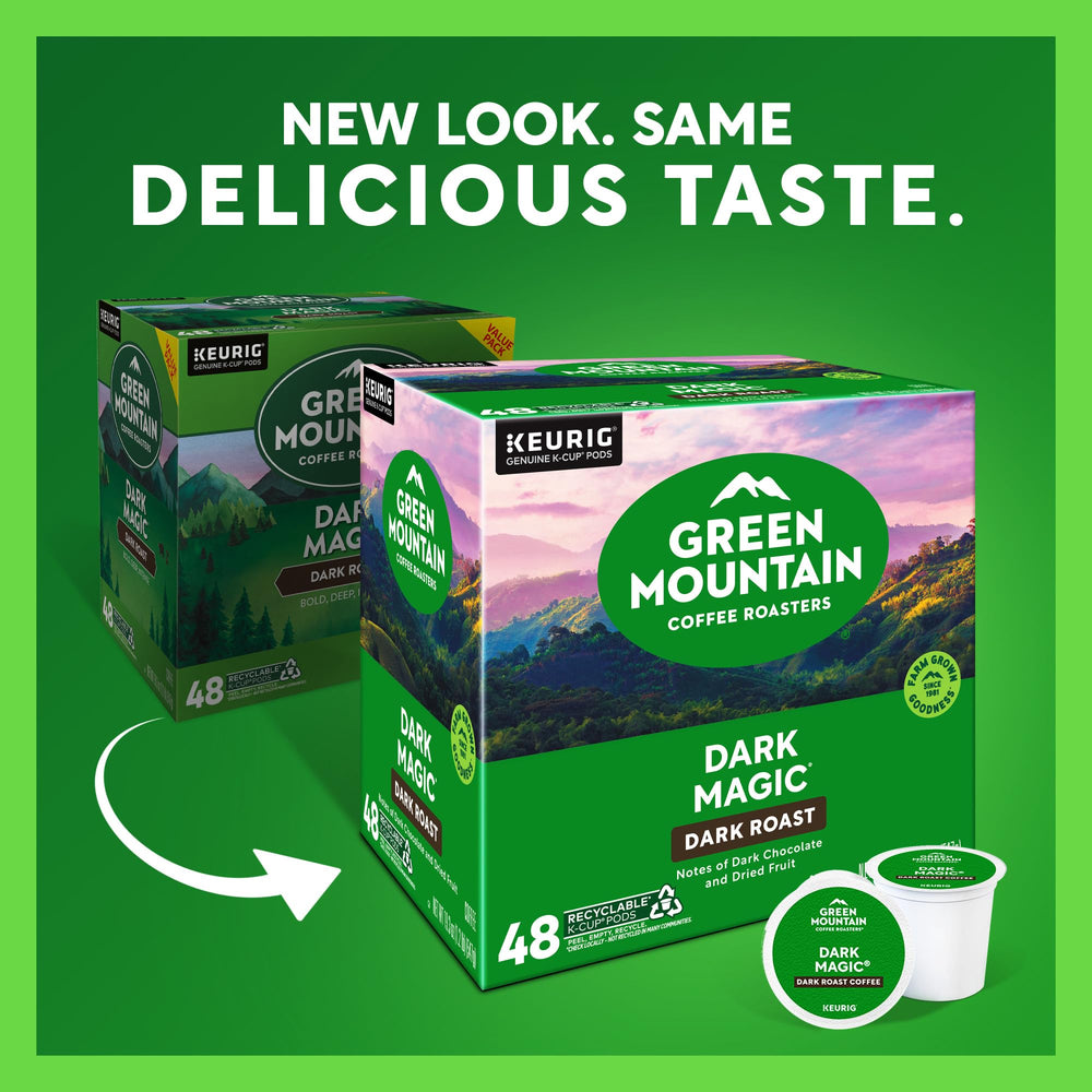 Green Mountain Dark Magic steaming cup shows bold aroma.