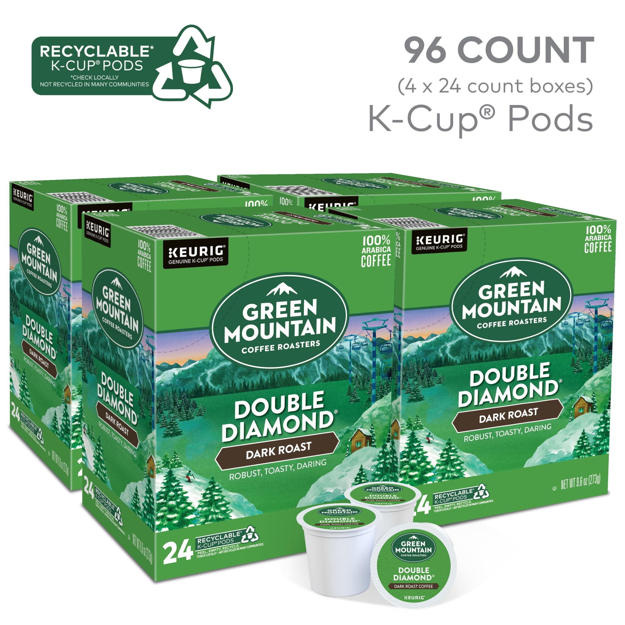 Green Mountain Dark Roast coffee beans with rich caramel sweetness and velvety body.