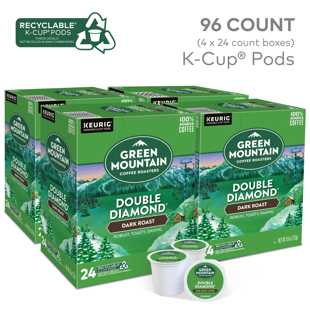 Green Mountain Dark Roast coffee beans with rich caramel sweetness and velvety body.