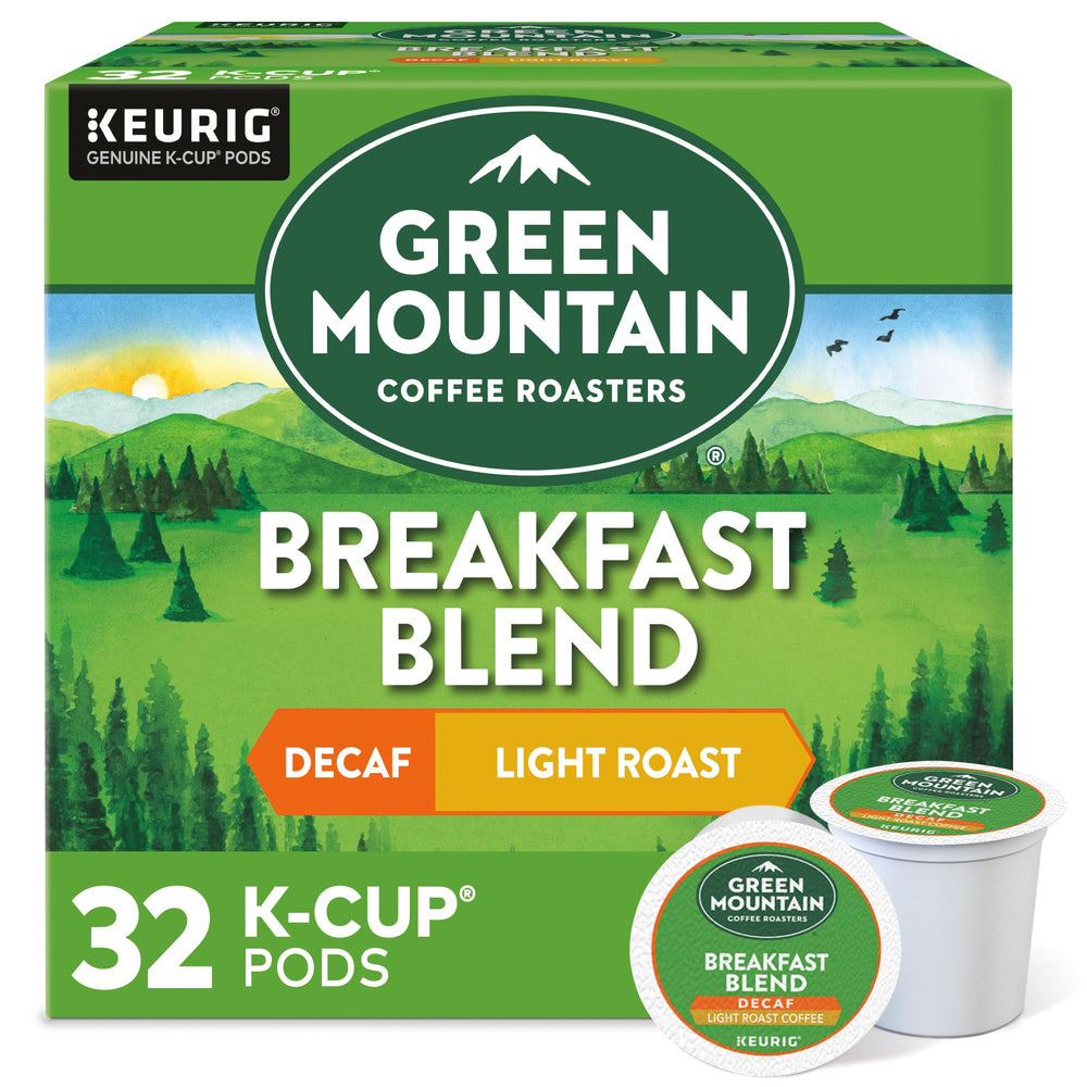 Green Mountain decaf breakfast blend pod close up for convenient mornings