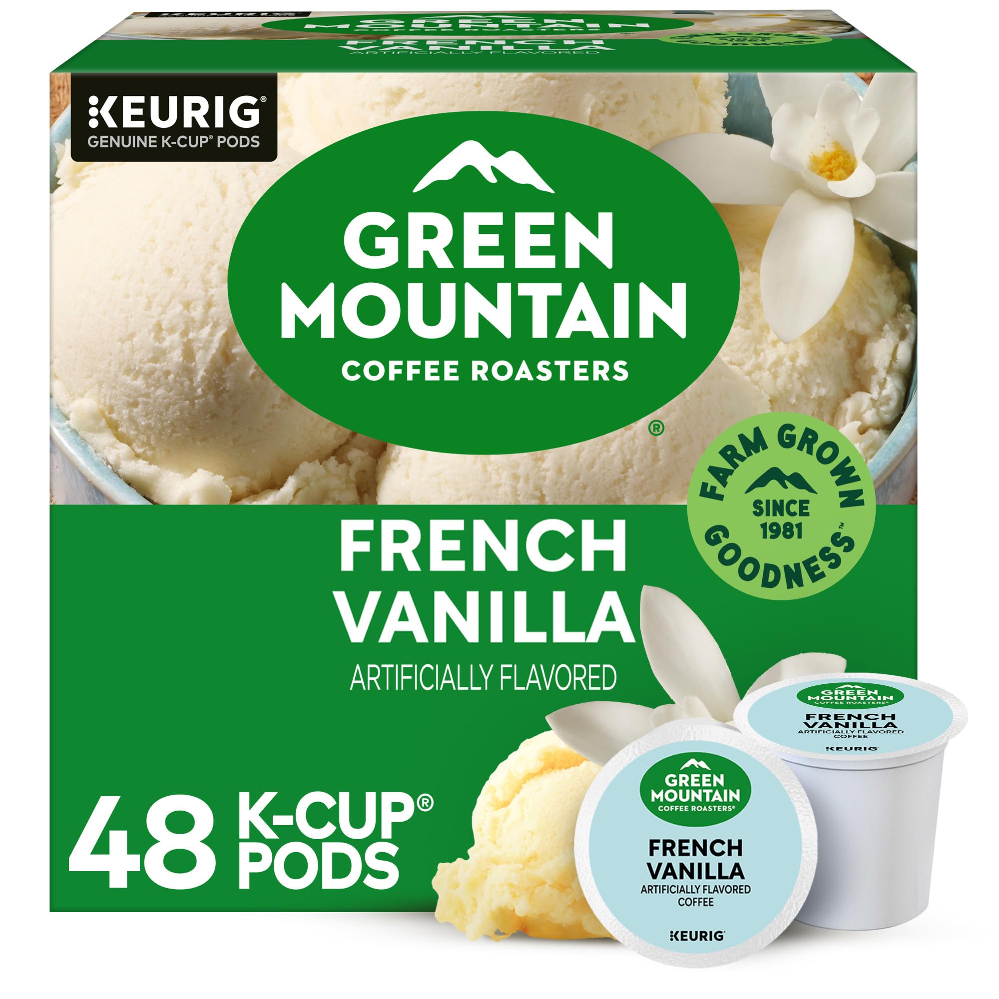 Green Mountain French Vanilla K-Cup pod with vanilla aroma for Keurig machines.