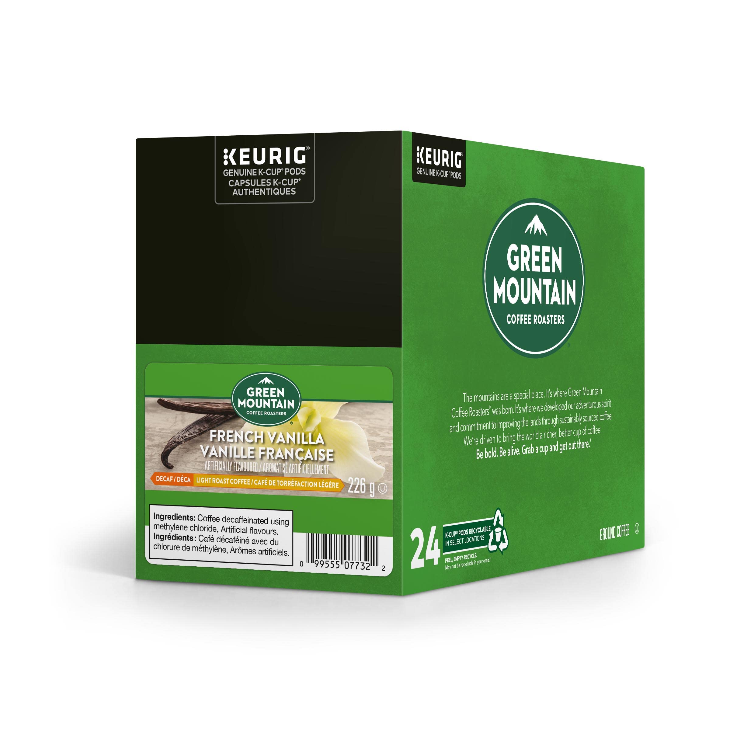 Green Mountain French Vanilla Decaf with Orthodox Union Kosher certification on packaging.