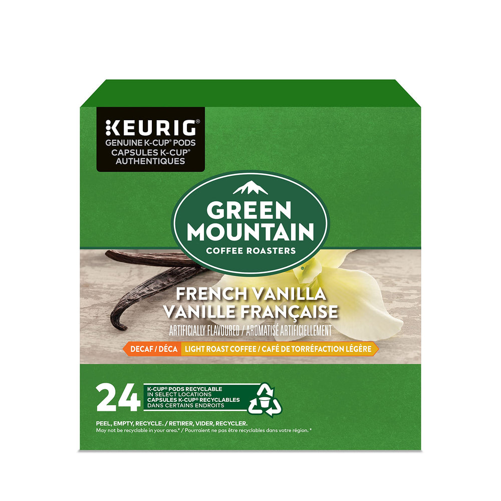 Green Mountain French Vanilla Decaf K-Cup pods reveal creamy vanilla flavor for a caffeine-free treat.