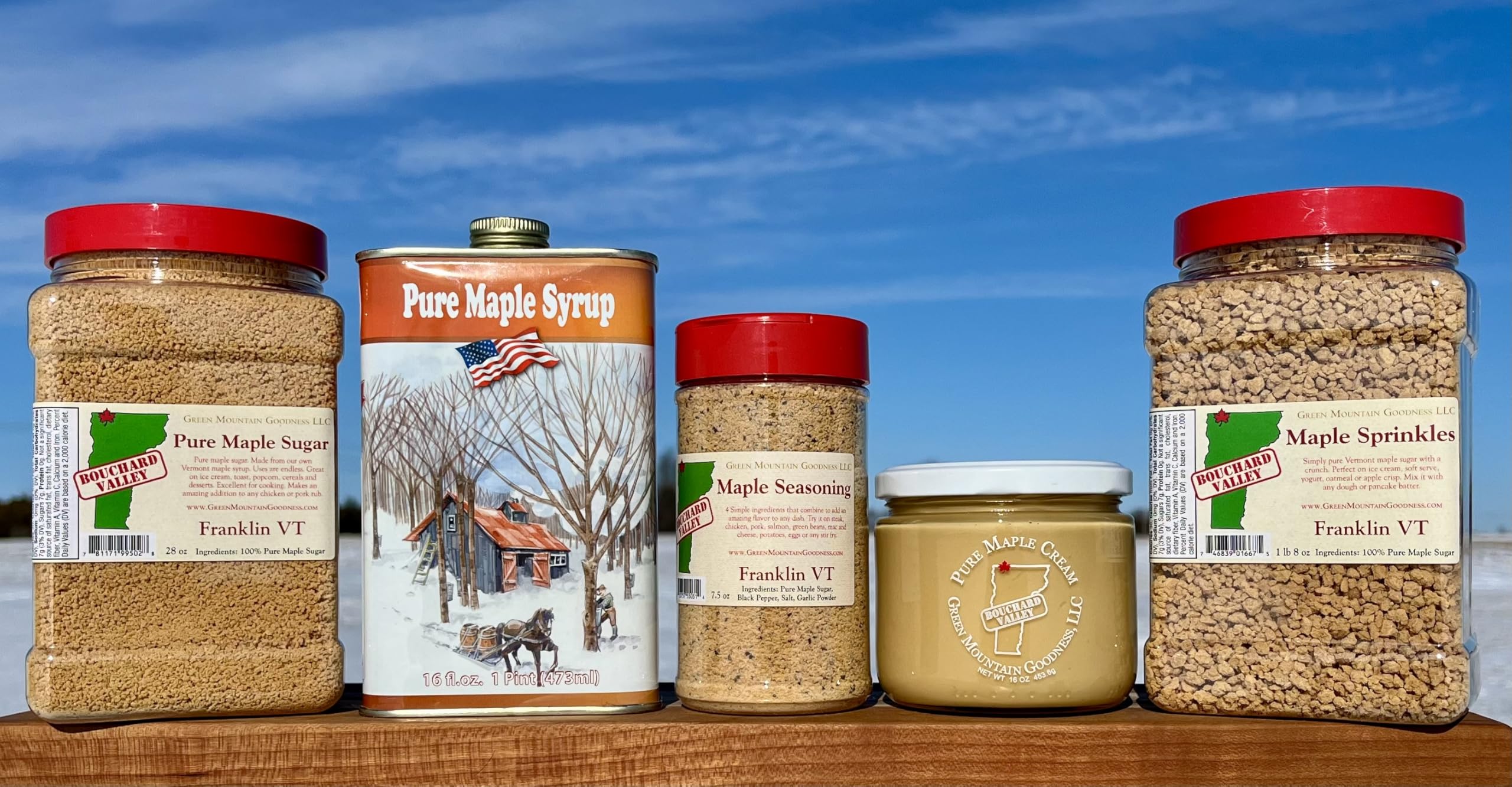 Green Mountain Goodness Maple Sprinkles Jar closeup highlights light, crunchy maple topping