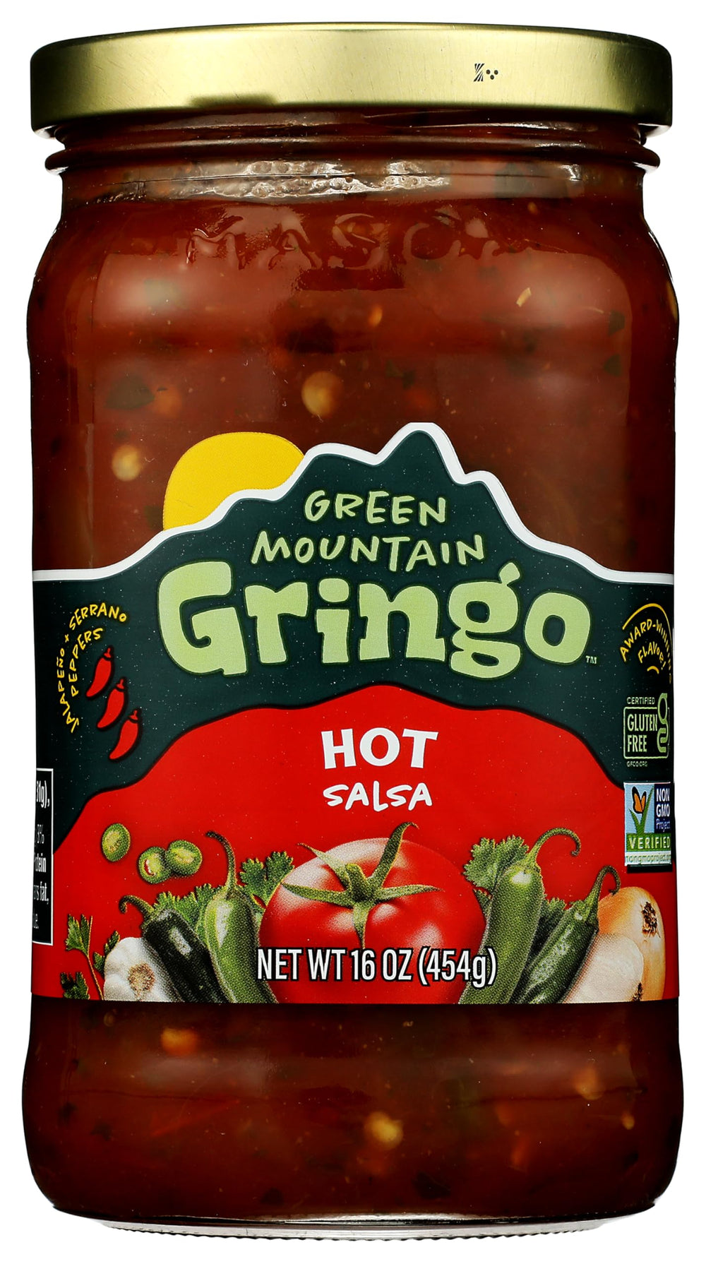 Green Mountain Gringo hot salsa bottle showing bold all-natural flavor for dipping.