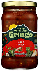 Green Mountain Gringo hot salsa bottle showing bold all-natural flavor for dipping.