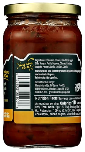 Green Mountain Gringo Mild Salsa label emphasizing gluten-free and Non-GMO verification.