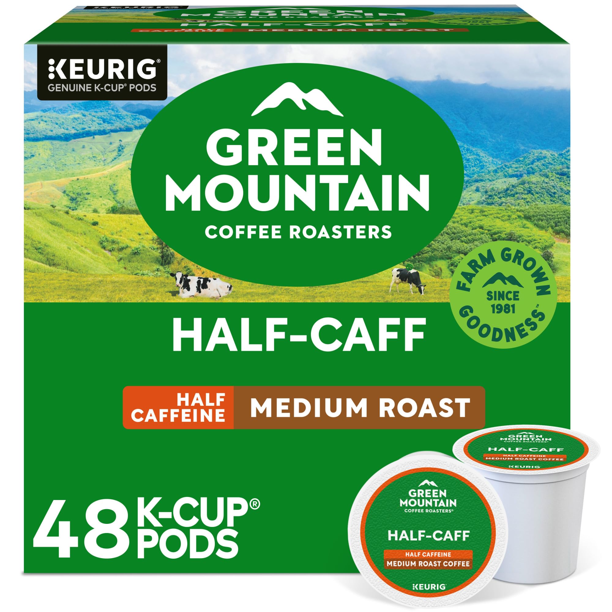 Green Mountain Half Caff box of K-Cups for quick, flavorful brews.