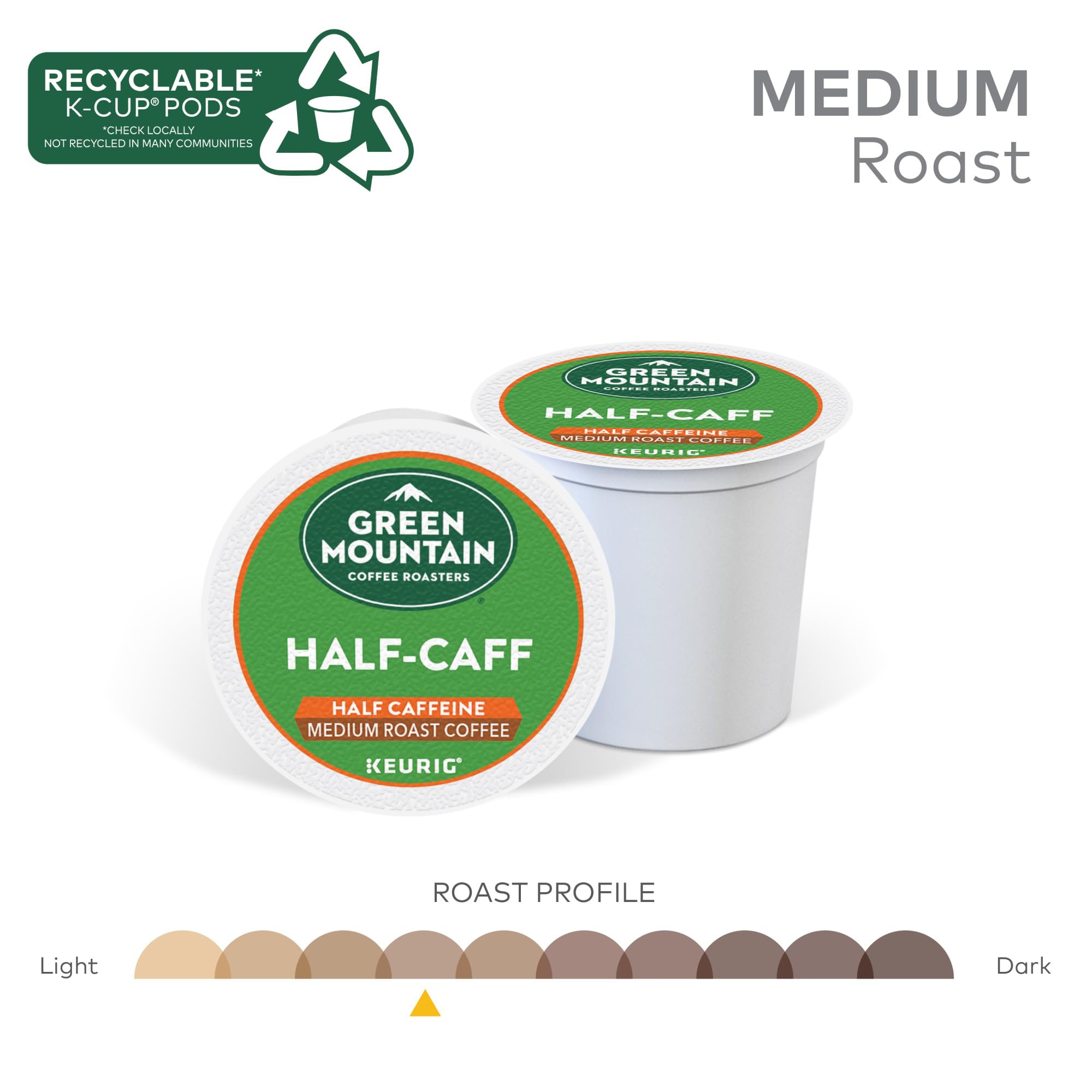 Steam rising over a cup of Green Mountain Half Caff coffee.