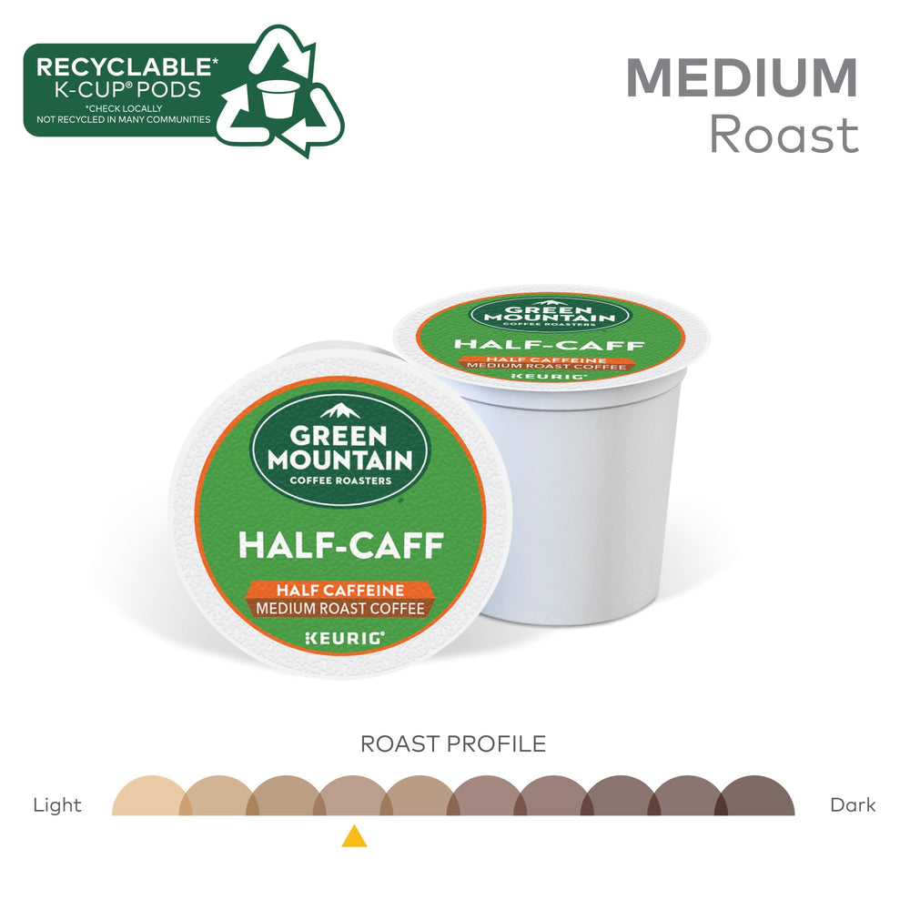 Steam rising over a cup of Green Mountain Half Caff coffee.