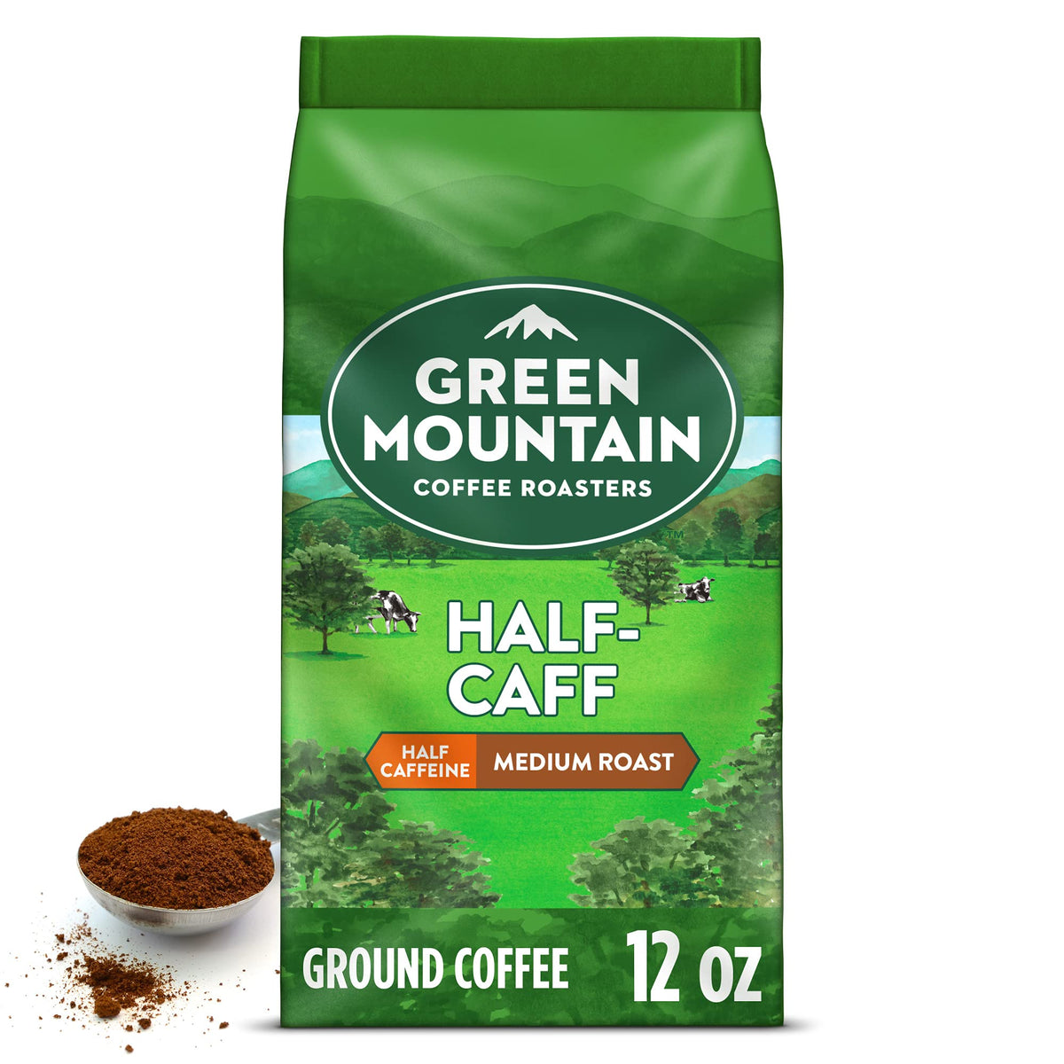 Green Mountain Half-Caff Ground Coffee bag front, bold flavor with half the caffeine