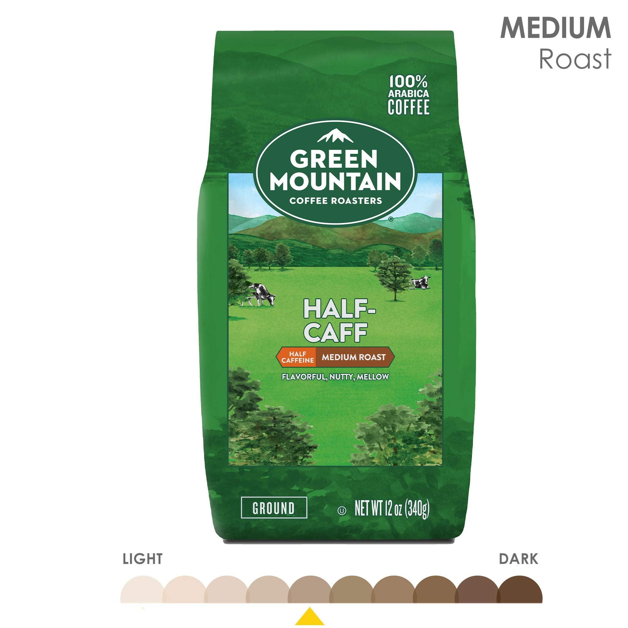 Green Mountain Half-Caff bag opened, inviting mellow aroma