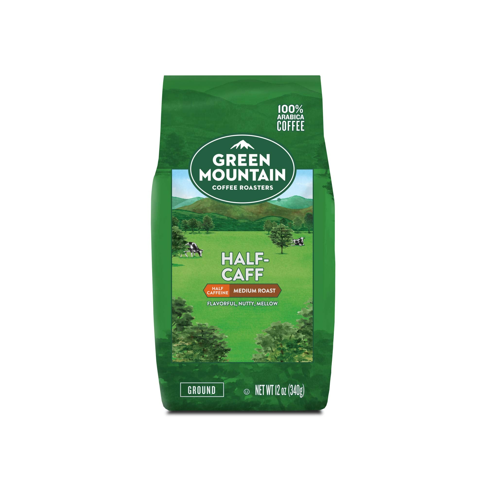 Green Mountain Half-Caff bag side showing sustainable sourcing note