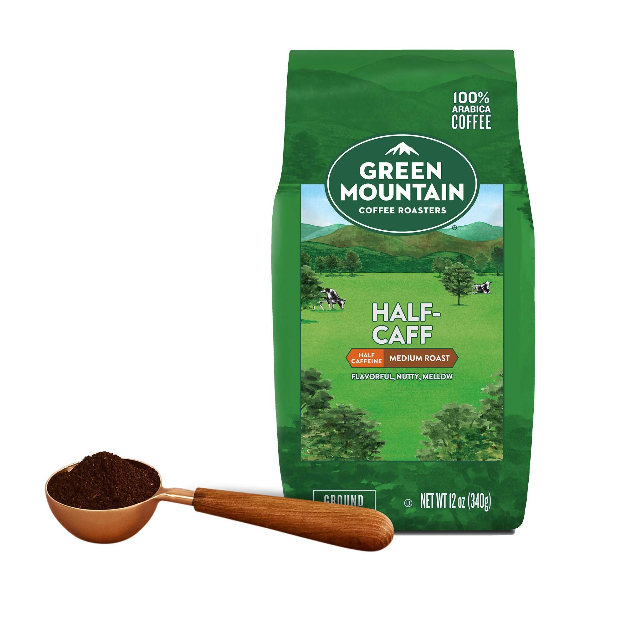 Green Mountain Half-Caff brew being poured, smooth and balanced