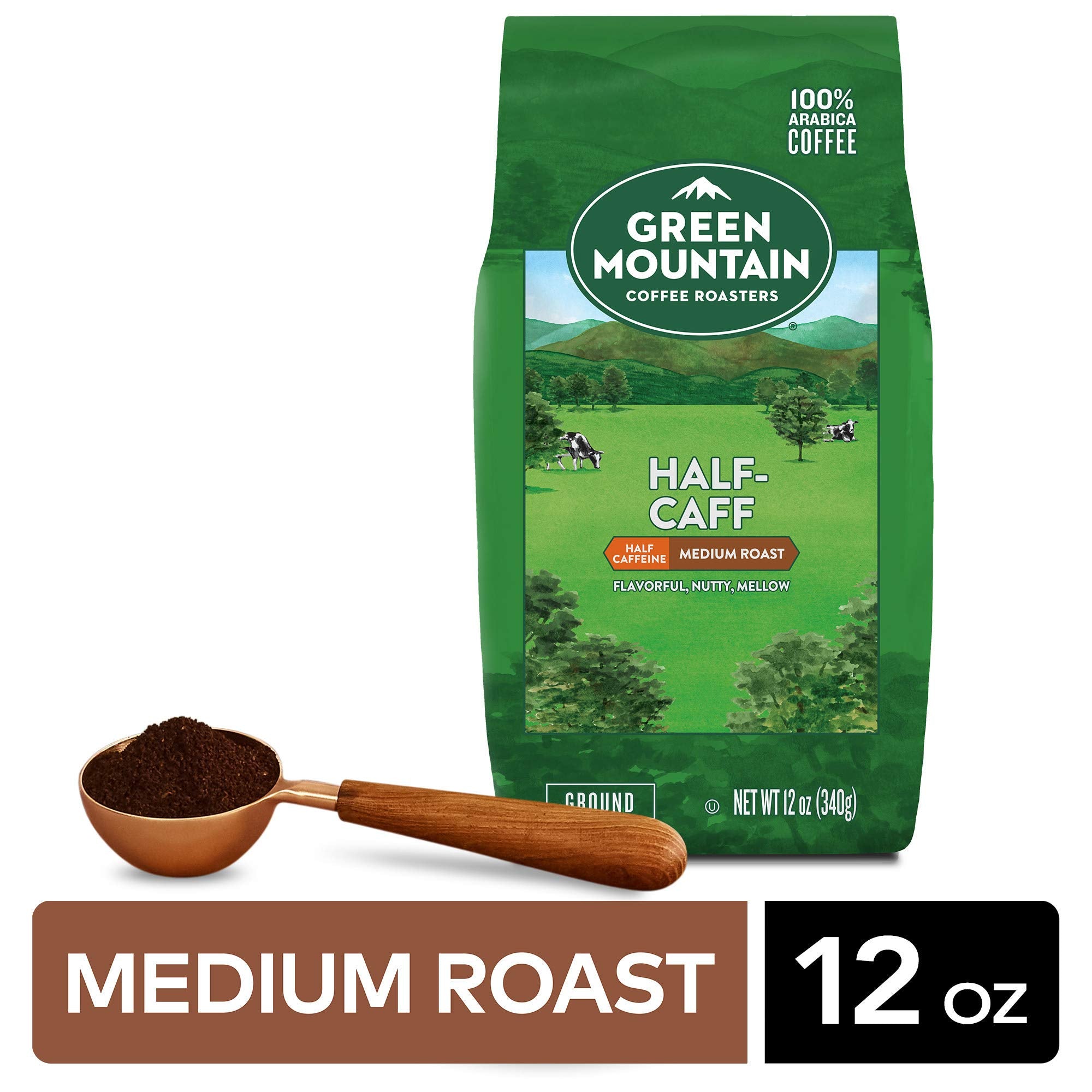 Green Mountain Half-Caff ground coffee closeup with rich texture