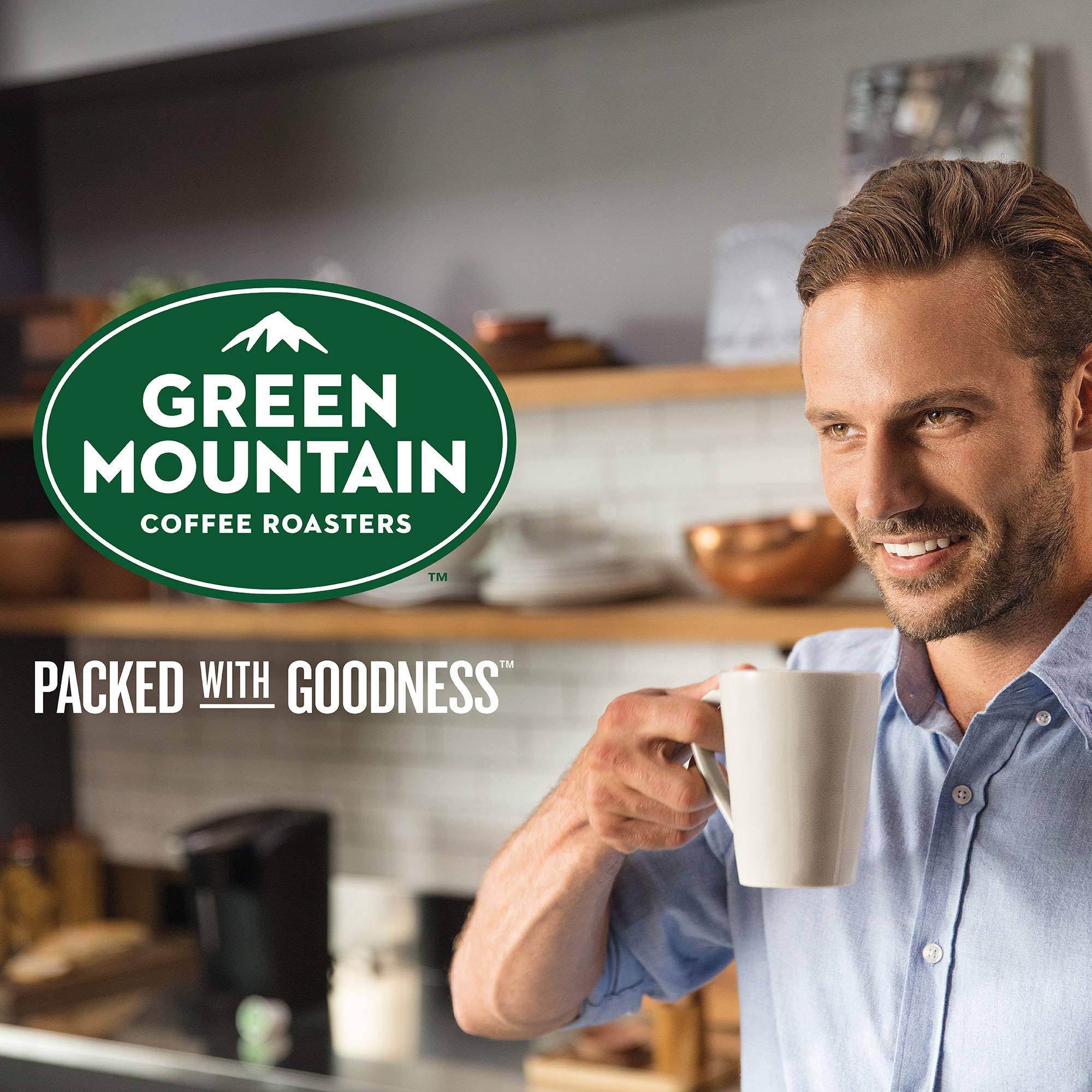 Green Mountain Half-Caff on kitchen counter, ready for daily brewing