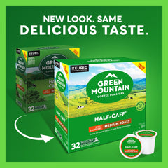 Green Mountain Half Caff K-Cup pods for quick, balanced flavor.