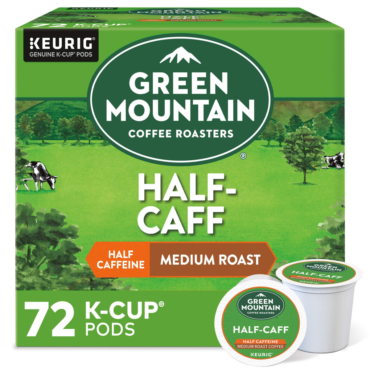 Green Mountain Half Caff K-Cup pod delivers full flavor with reduced caffeine.