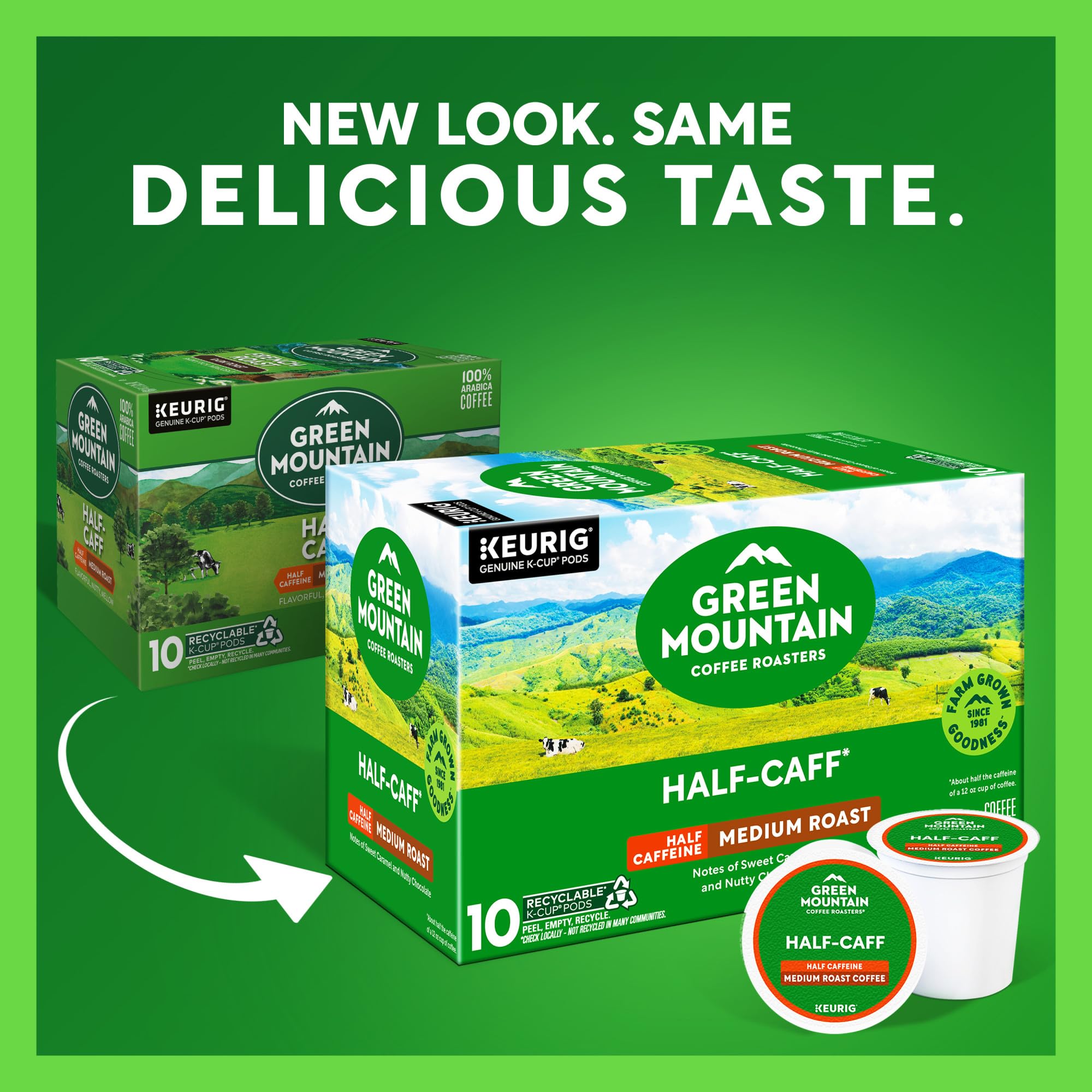 Green Mountain Half Caff K-Cup pods brewing a smooth, flavorful cup in minutes