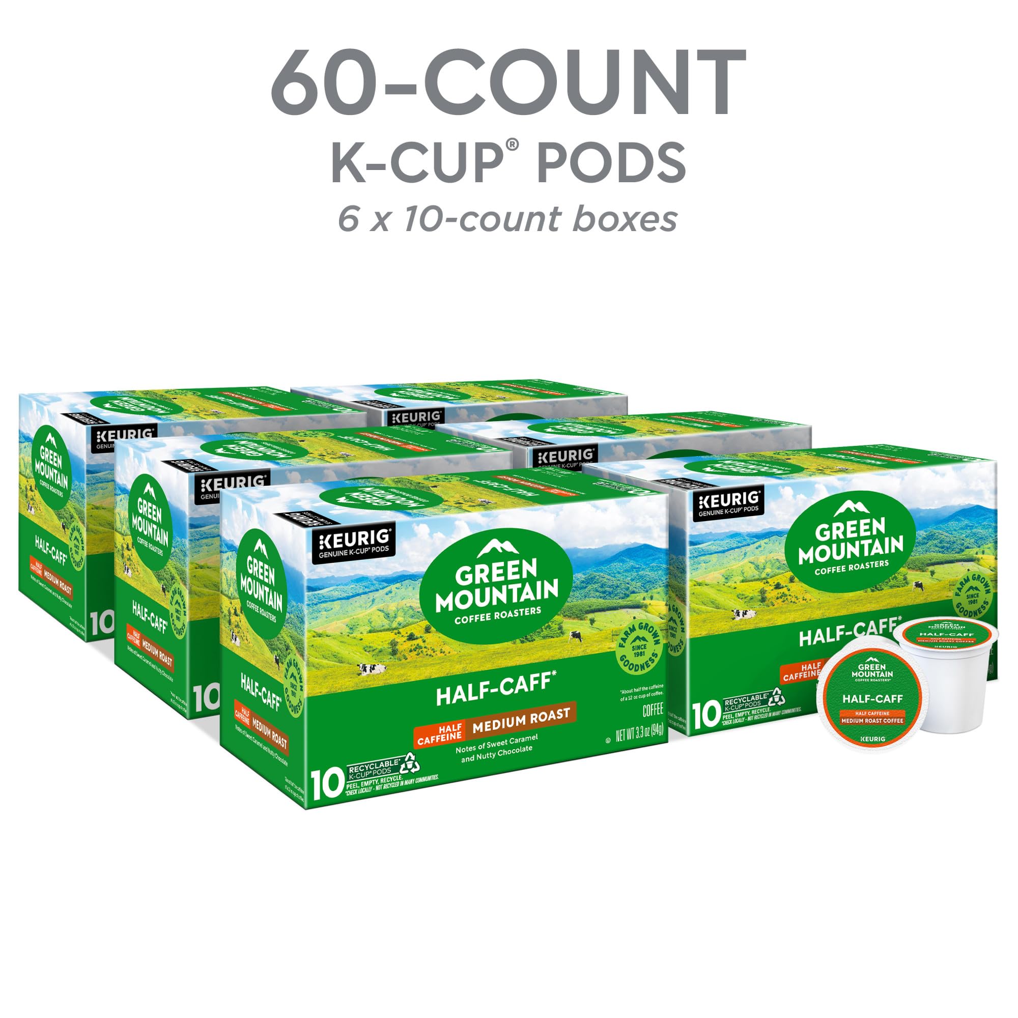 Green Mountain Half Caff K-Cup pods close-up of premium Arabica beans