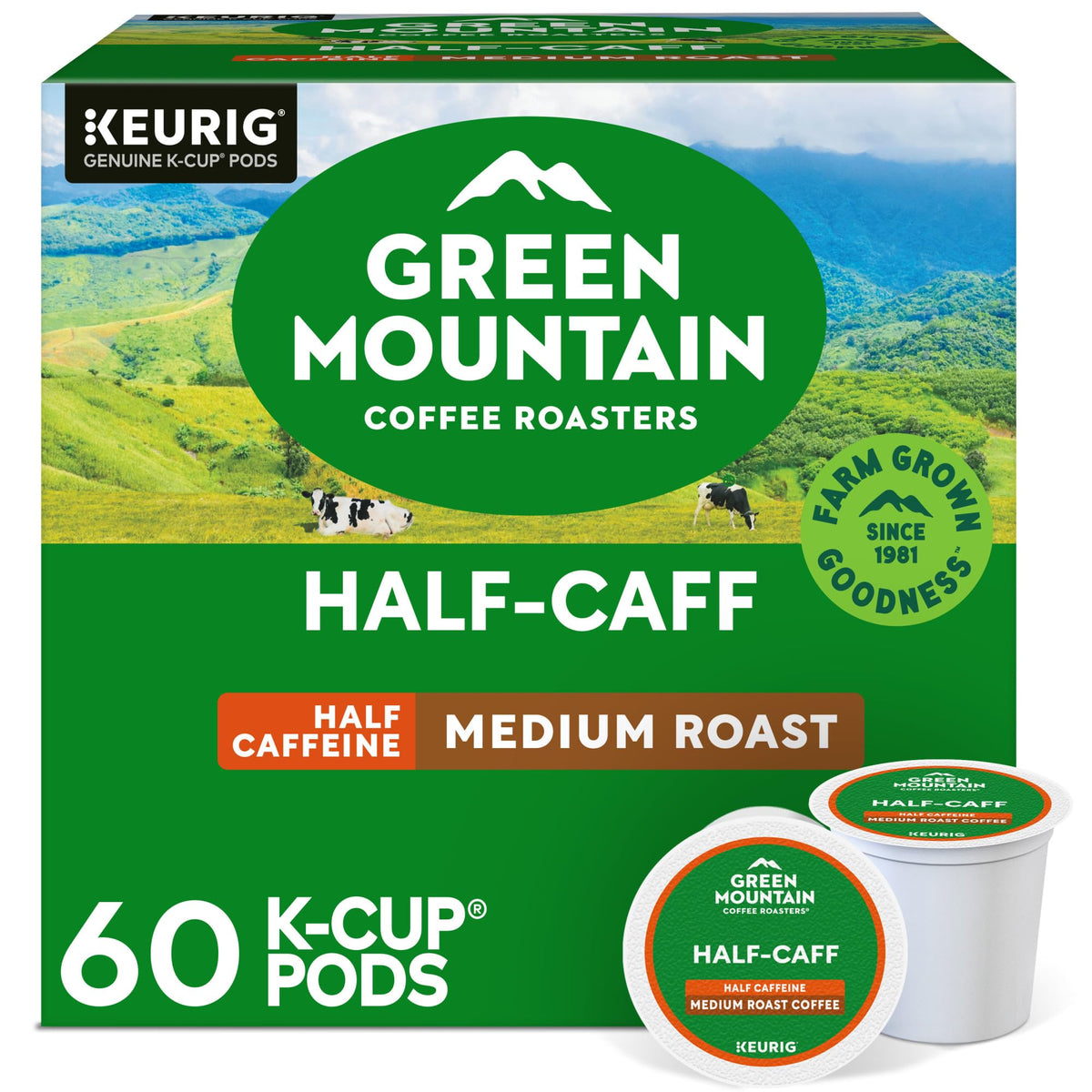 Green Mountain Half Caff K-Cup pods in a resealable pack for convenient daily use