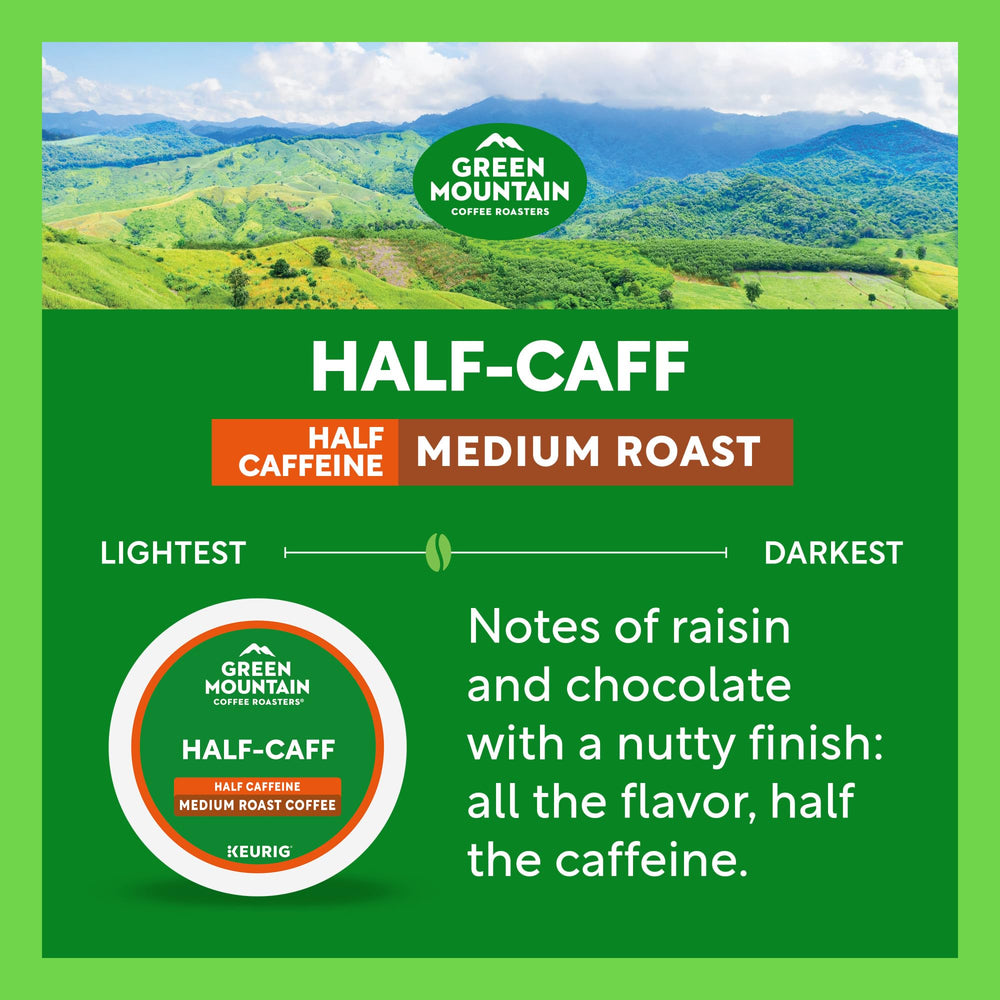 Green Mountain Half Caff K-Cup pods with steaming cup of coffee