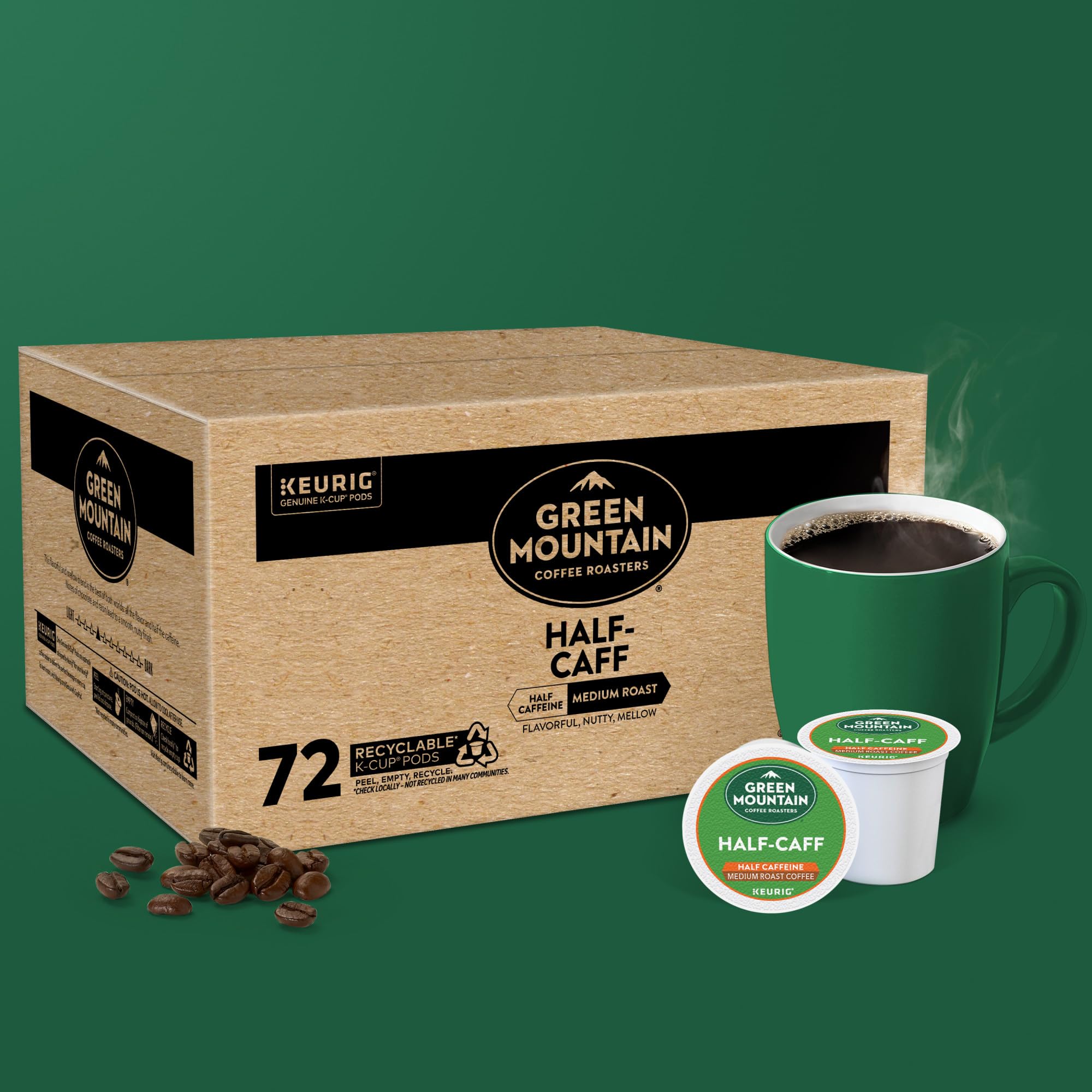Top-view of Green Mountain Half Caff K-Cup pods.