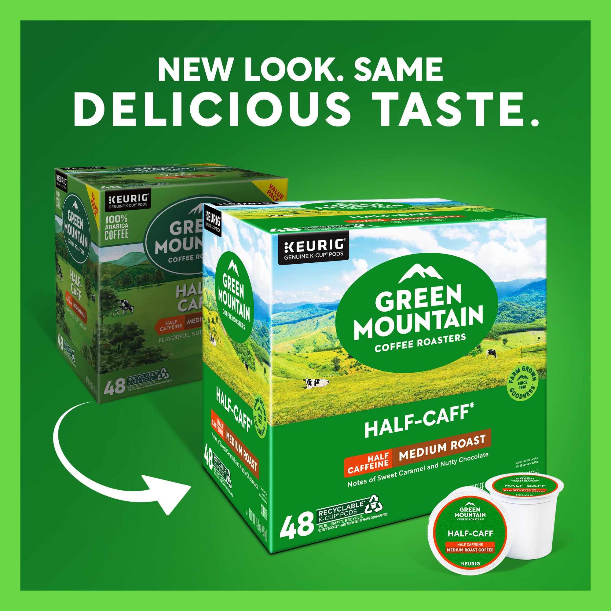 Cup poured with Green Mountain Half Caff showing chocolate raisin notes.